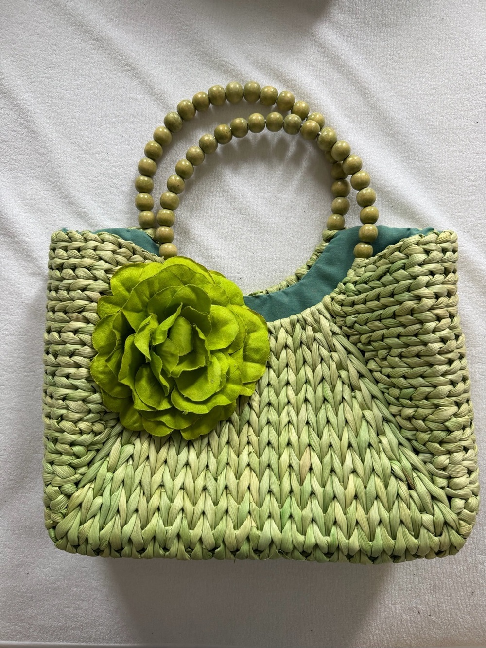 Green Straw Tote Bag with Flower Accent